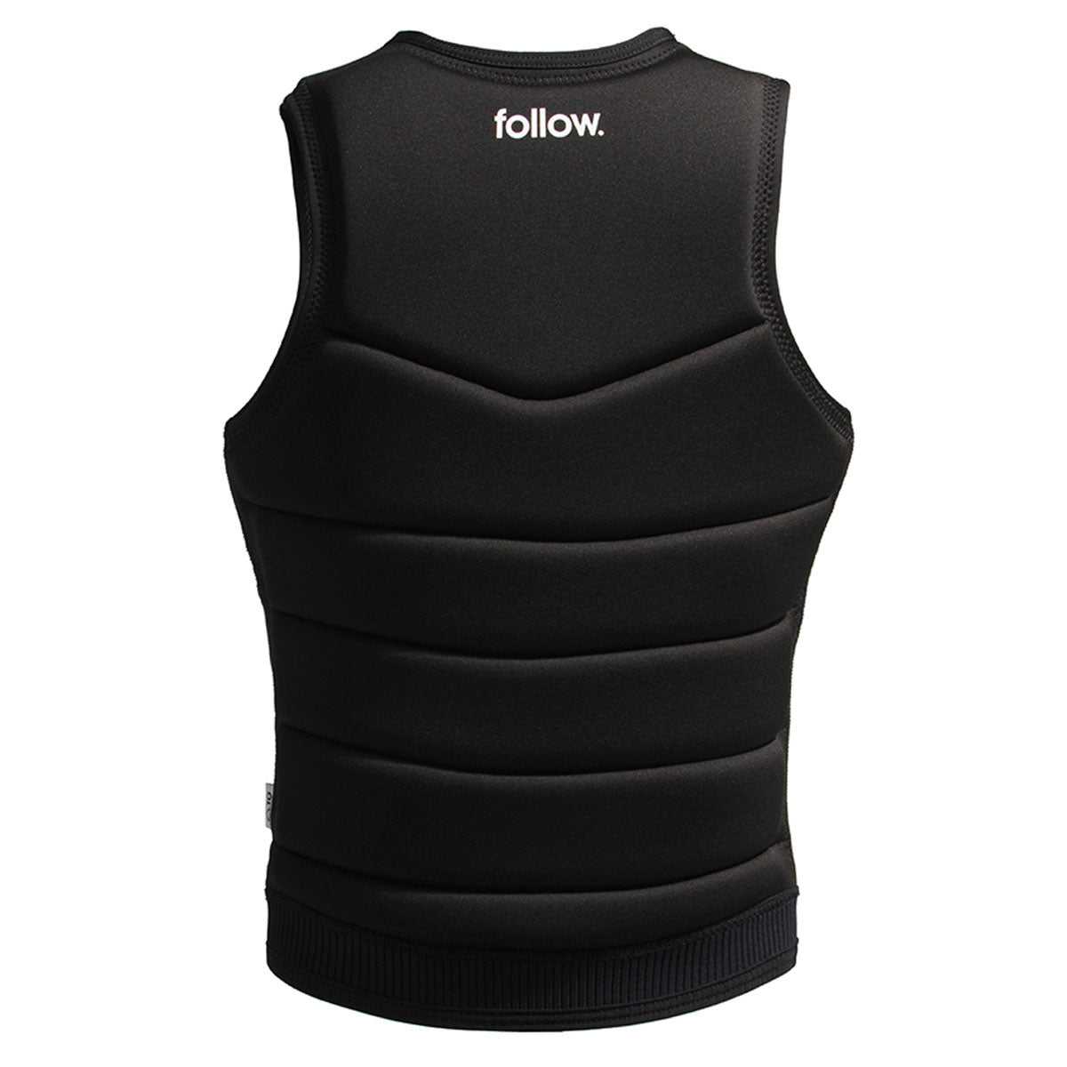 A black vest with the word "Follow" on it, offering revved-up goodness for ladies' fashion - The 2021 Follow Primary Ladies Jacket - Black from Follow Wake.