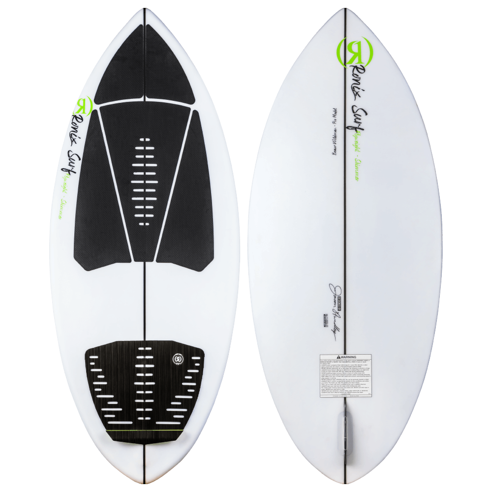 A Ronix 2022 Flyweight Skimmer surfboard with a thinner profile and a black and green logo.