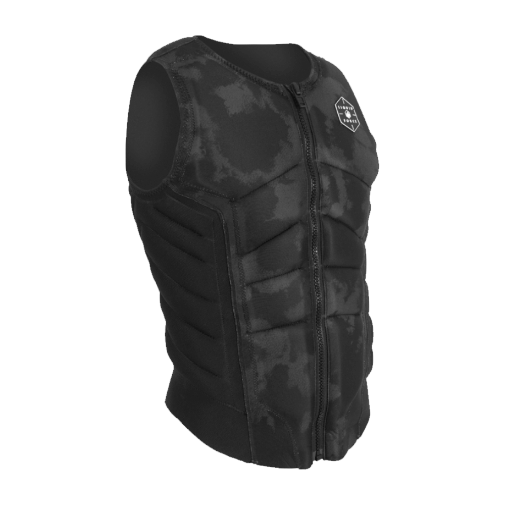 A Liquid Force 2024 Ghost Comp Vest, a lightweight black vest with a camouflage pattern, for added comfort.
