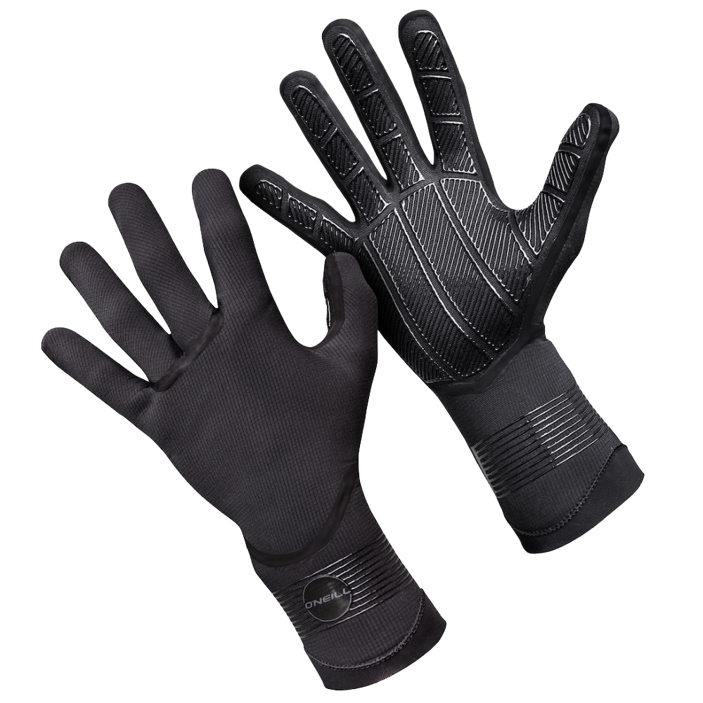 A pair of O'Neill Psycho Tech Gloves 1.5mm designed to withstand extreme elements, coated with Hydrophobic Technobutter 3.
