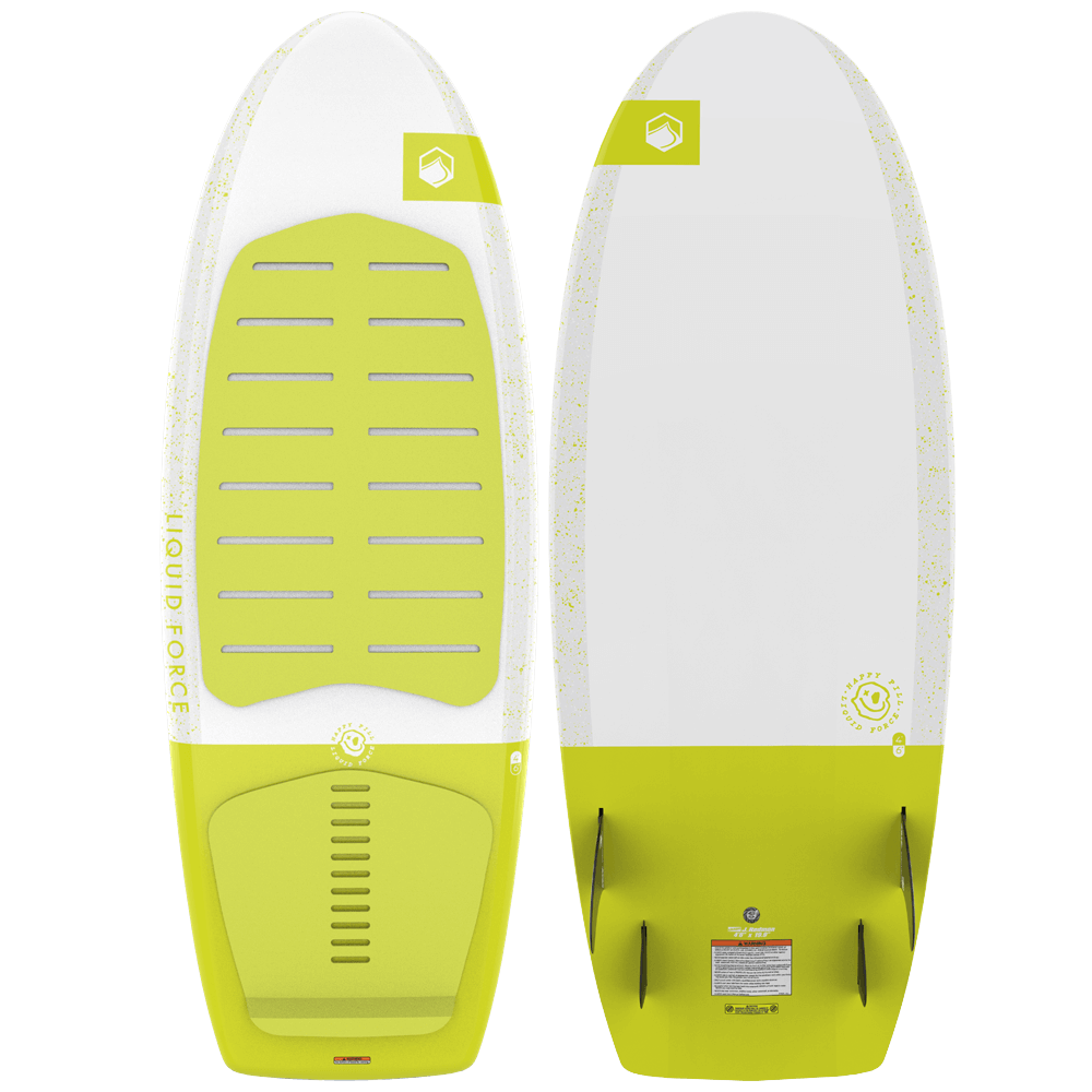 A Liquid Force 2023 Happy Pill Wakesurf with a yellow and white design.
