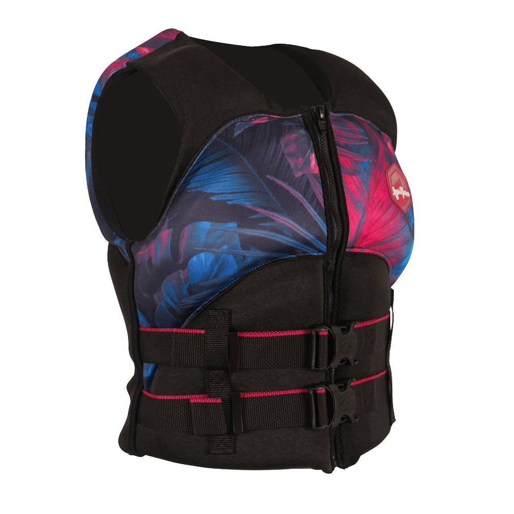 A Liquid Force 2022 Women's Heartbreaker CGA Vest, ensuring comfort fit, with a pink and blue print.