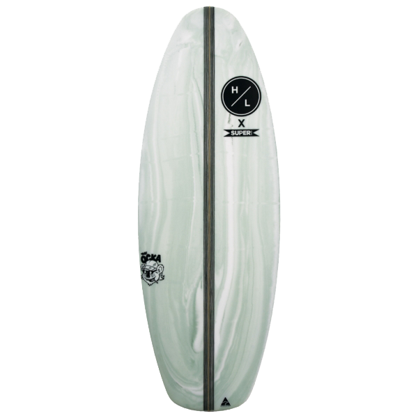 A white Hyperlite 2022 Ocka Wakesurf Board with a black SUPERBRAND COLLAB logo on it.