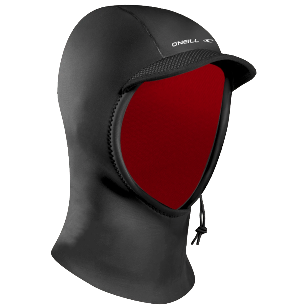 A black and red O'Neill Psycho Coldwater 3mm Hood designed for extreme elements.