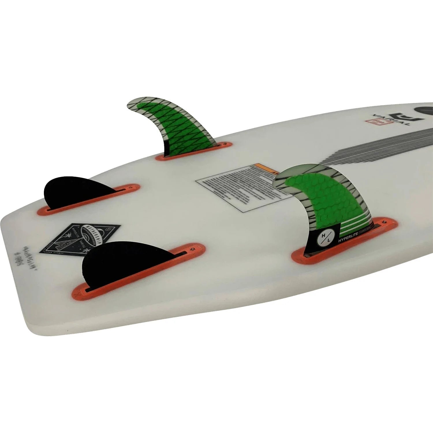 A white surfboard with green Hyperlite 4.5 Riot Carbon Surf Fin Set - Twin fin set.