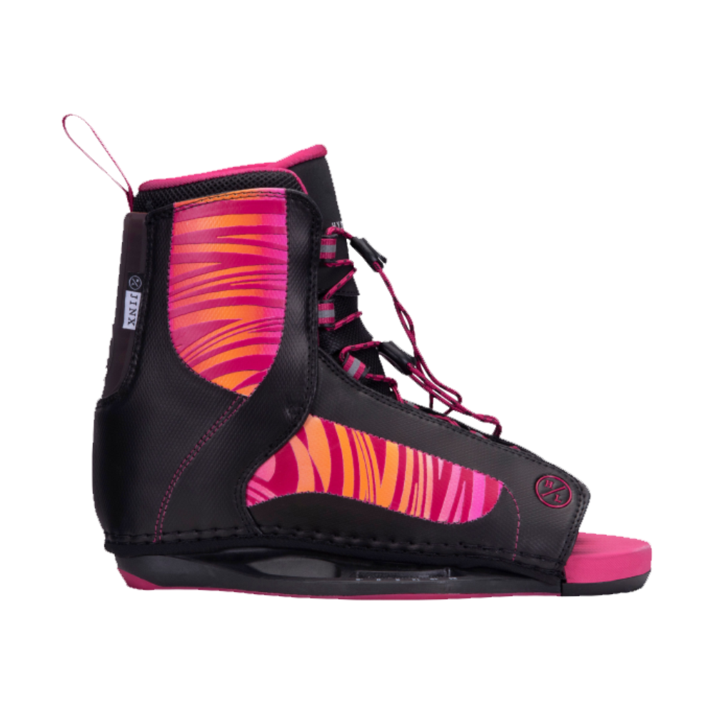 A Hyperlite women's wakeboard boot with pink and black stripes, featuring the Hyperlite 2023 Jinx Girls Bindings K12-2 for beginners.