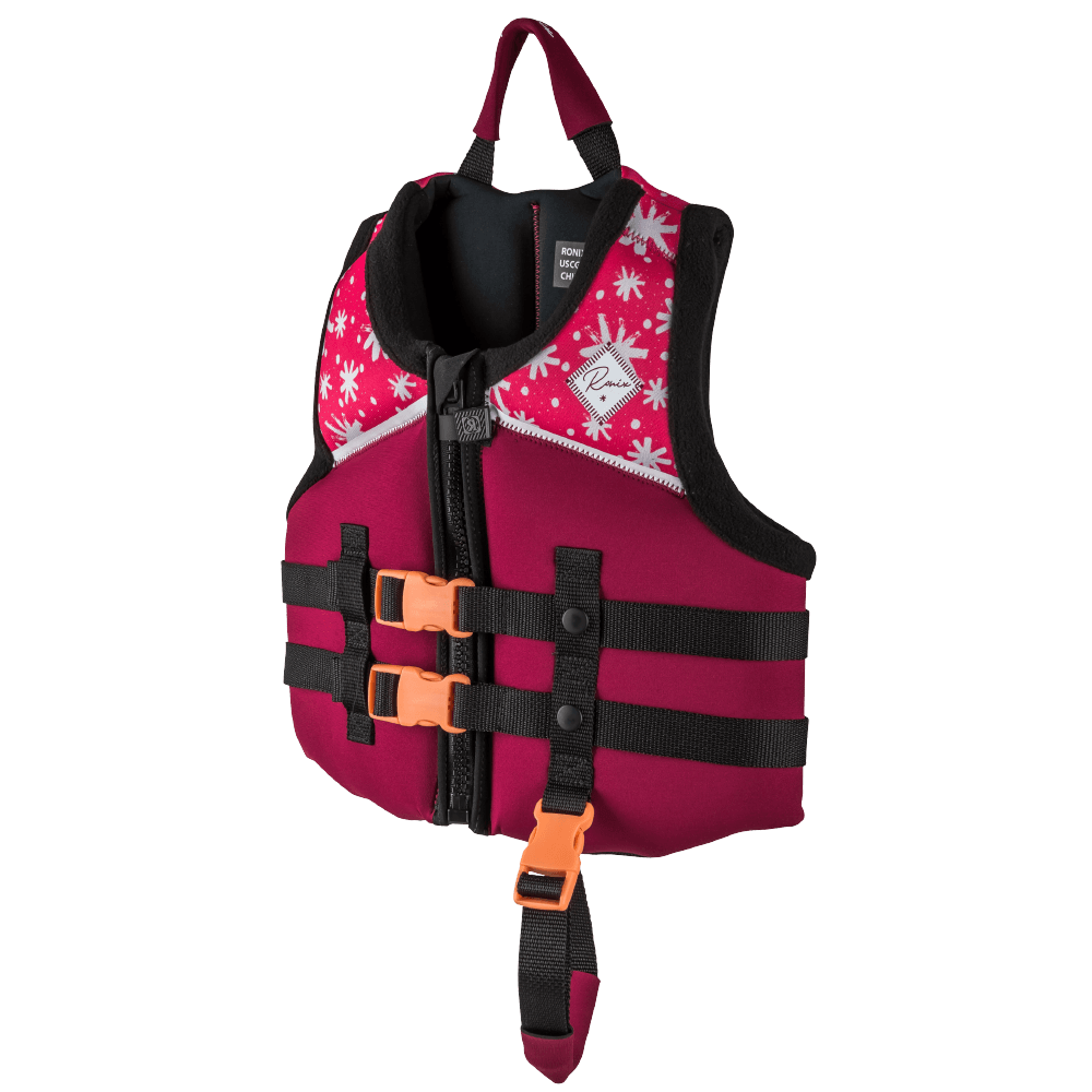 A Ronix Laguna Child CGA Vest (30-50 LBS) with a pink and white design.