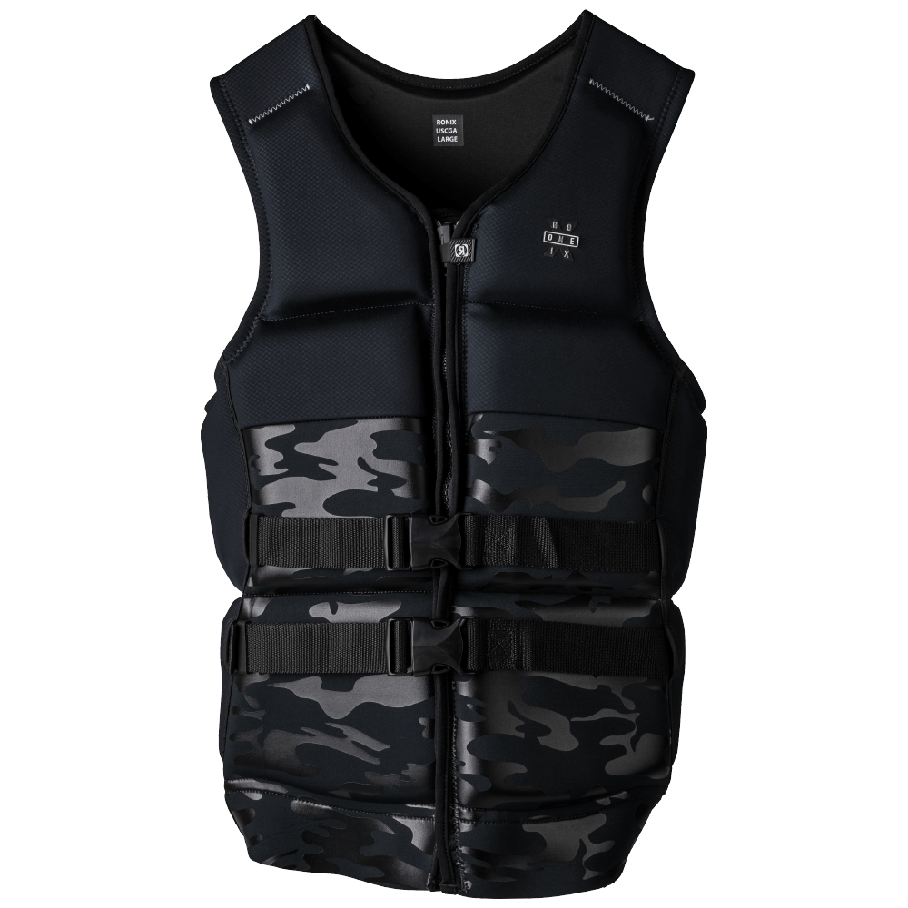 A black Ronix 2022 One Capella 3.0 Men's CGA Vest, designed for comfort and mobility, with camouflage print.