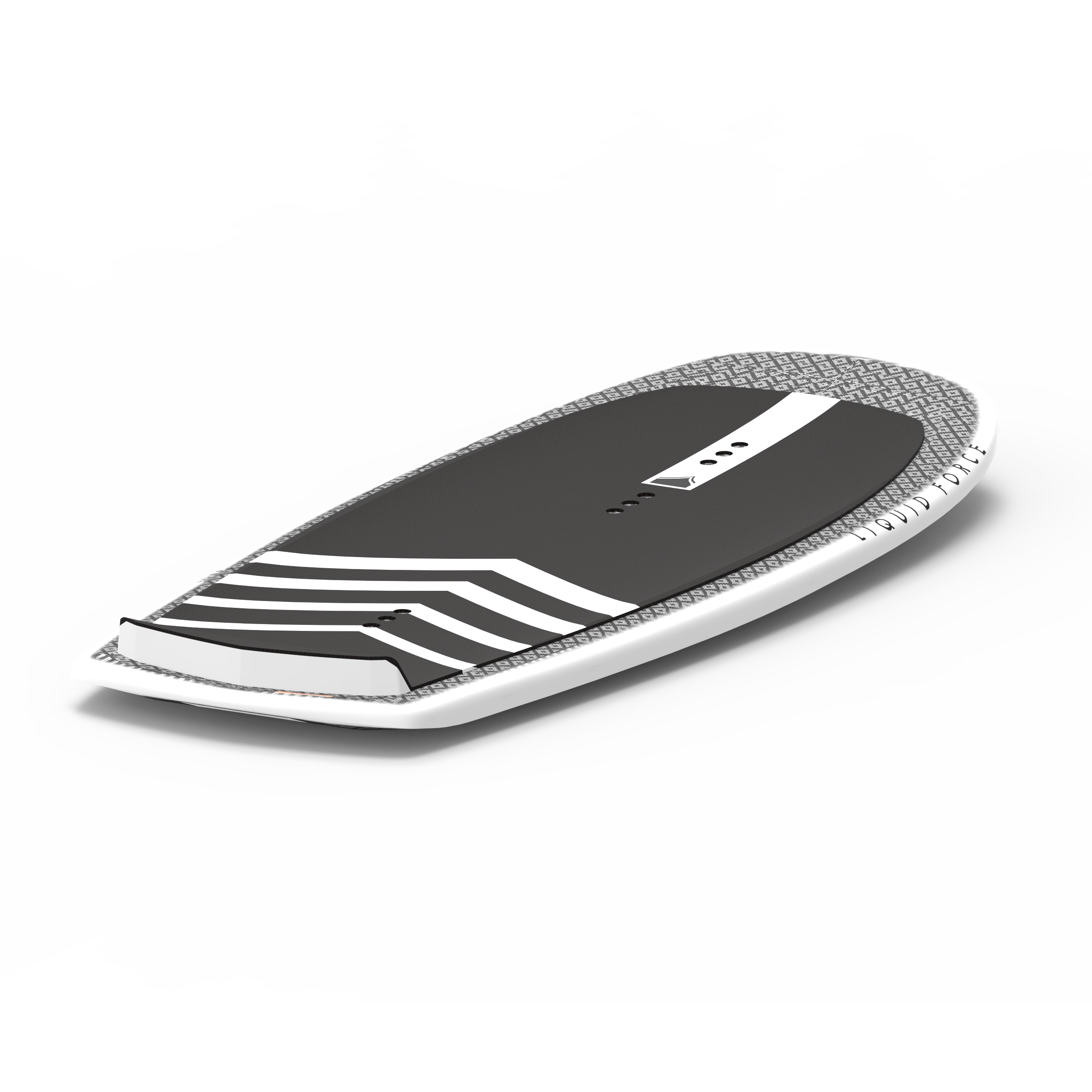 A Liquid Force 2024 Orb Foil Board with a black and white design featuring a corduroy deck pad.