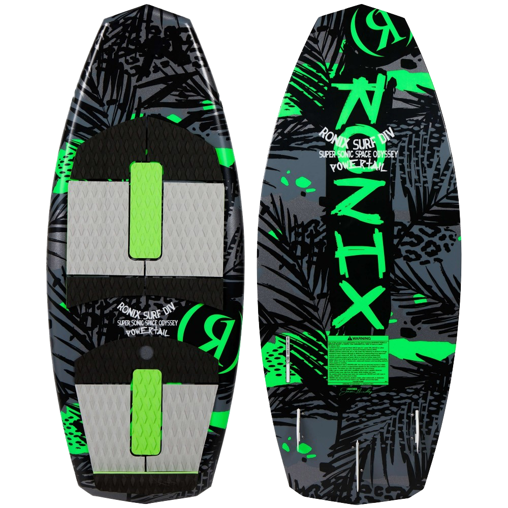 A Ronix 2024 Super Sonic Powertail wakesurfing board with a green and black design.