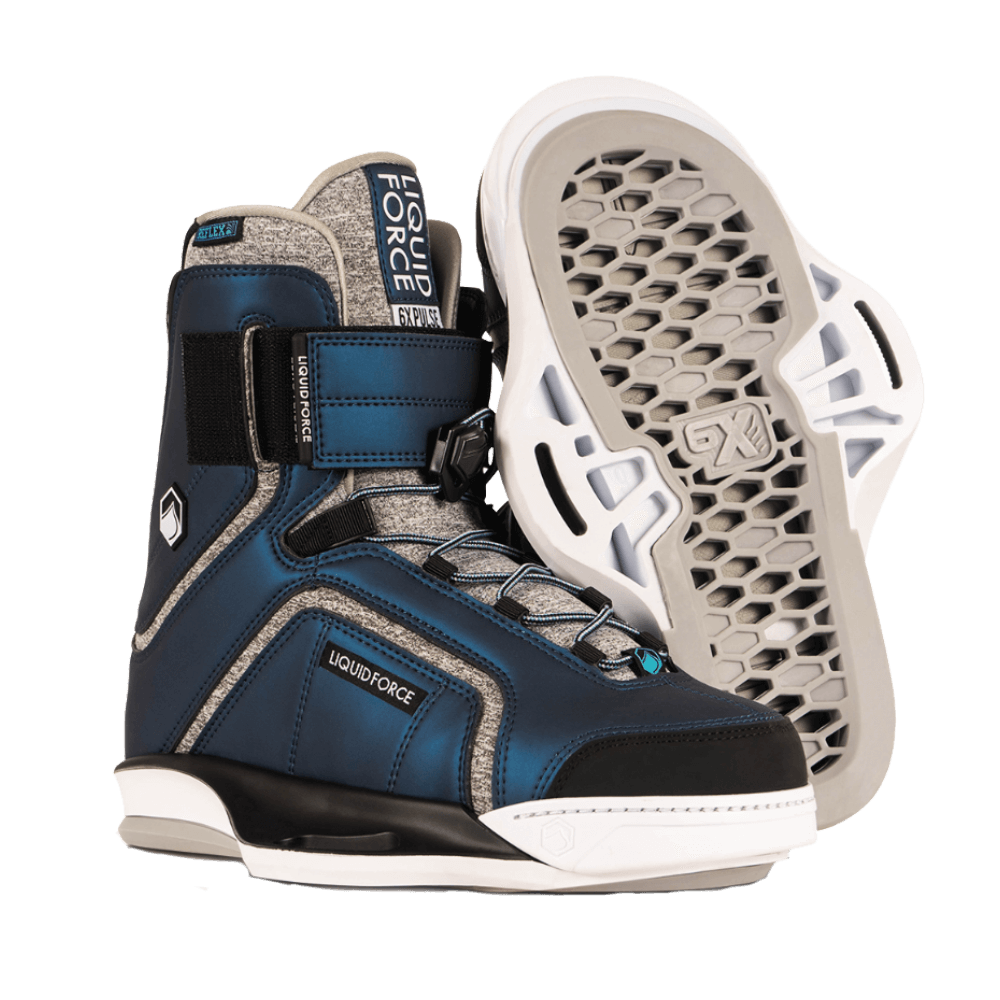 A pair of Liquid Force 2022 Pulse 6X Bindings wakeboard boots featuring an adjustable Velcro strap.