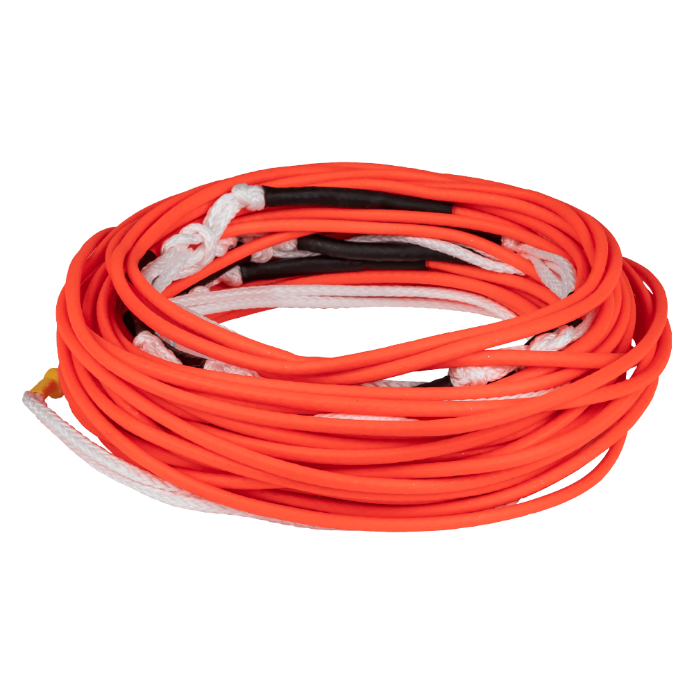 An orange and white Ronix R8 - 80ft 8 Section Floating Mainline - Neon Red rope on a black background.