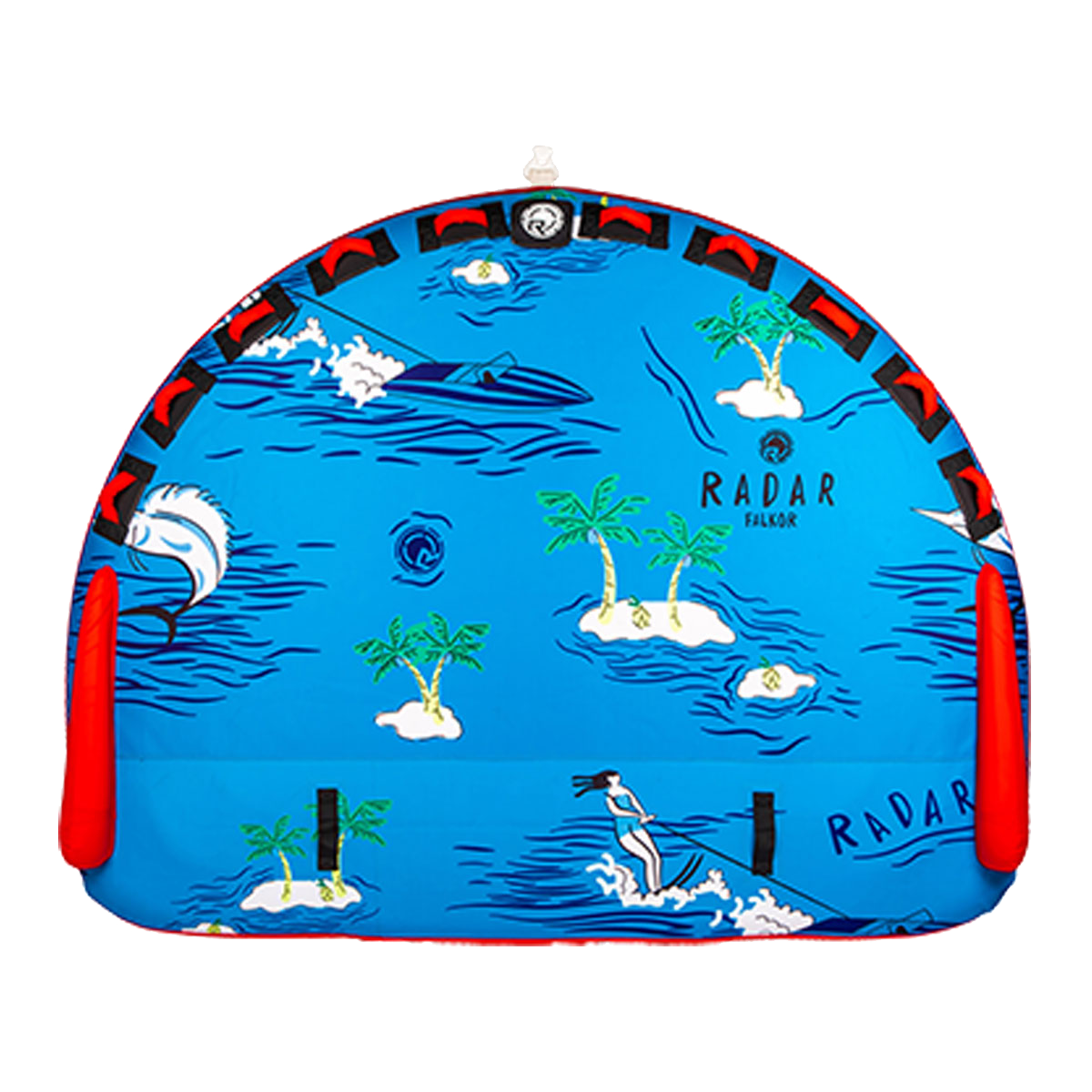 A blue Radar bag with palm trees and Falkor's Deck Series on it.