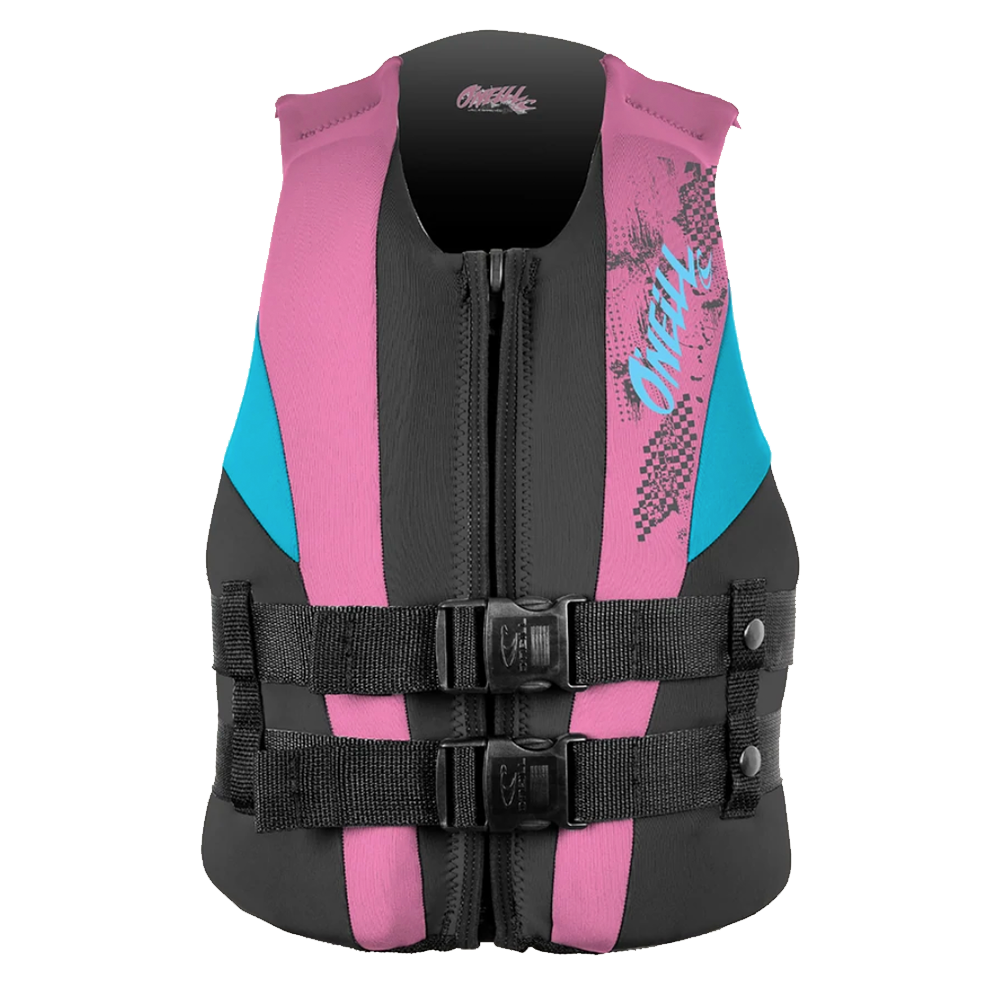 A high-quality O'Neill Youth Reactor USCG Life Vest (50-90 LBS) with pink and blue accents, perfect for kids' safety on water.