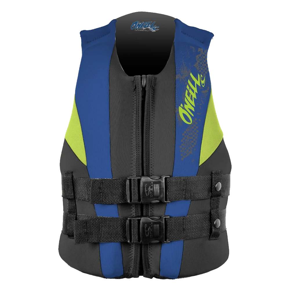 A safe O'Neill Youth Reactor USCG Life Vest (50-90 LBS) with a blue and yellow design that offers high quality protection.