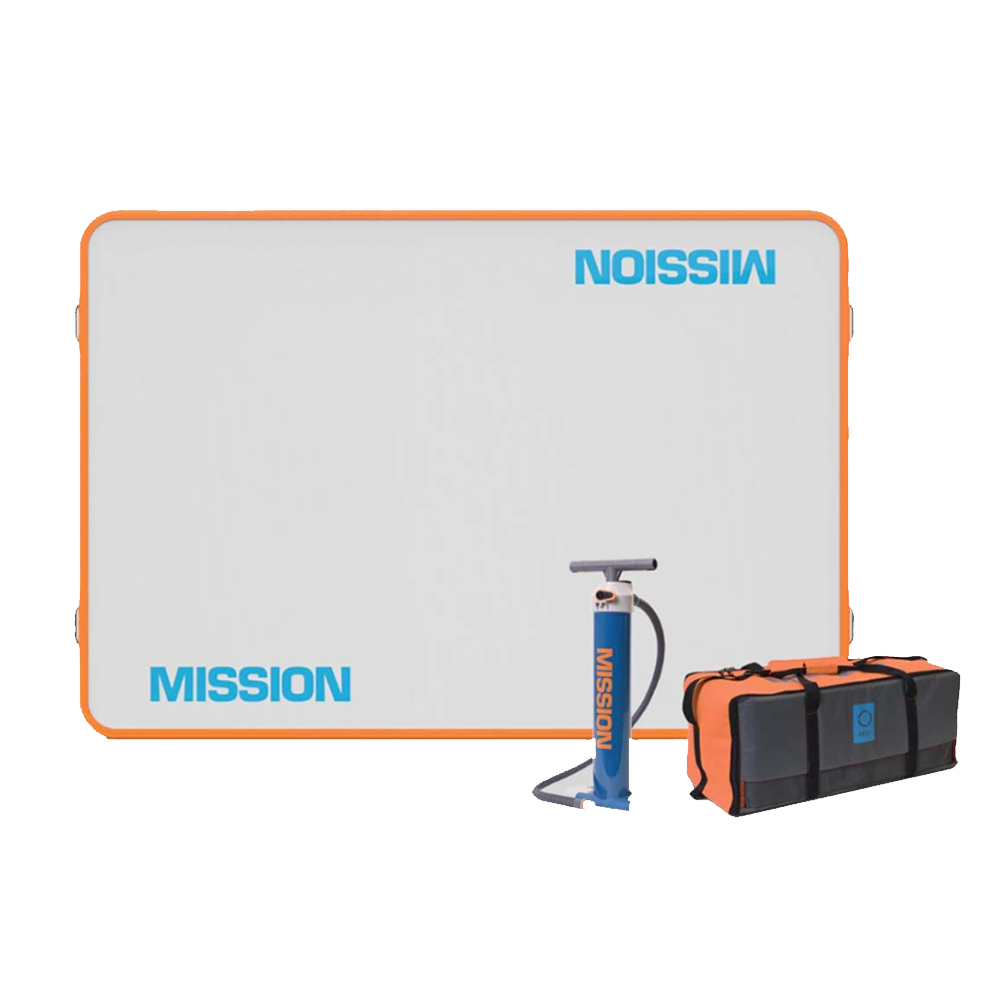A blue and orange bag with the word MISSION on it, perfect for hot summer days and featuring a rigid construction. Ideal for carrying your essentials to the beach or pool, this bag pairs well with MISSION Inflatable Reef Water Mats.