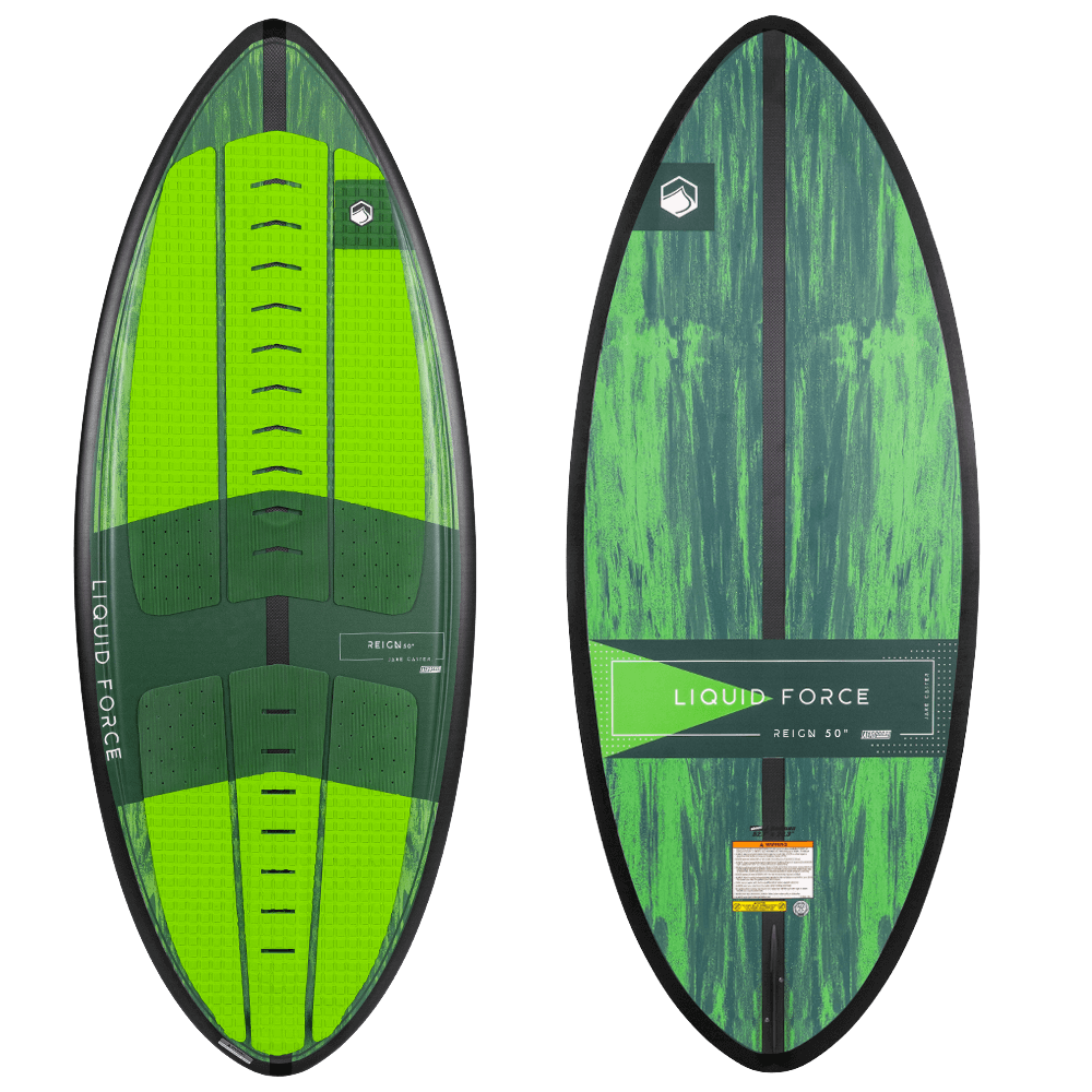 A Liquid Force 2022 Reign Skim Board with a green and black design.