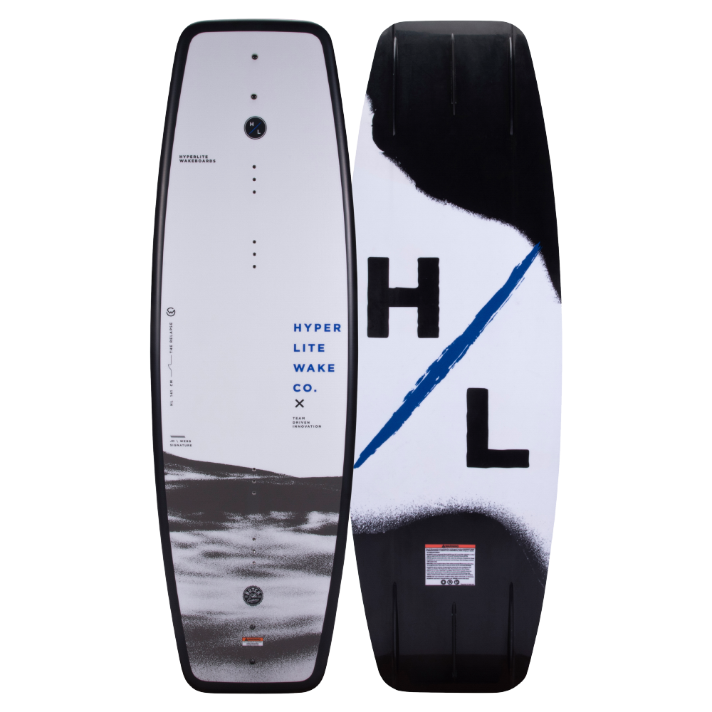 The Hyperlite 2022 Relapse Wakeboard, a JD Webb Signature Model wakeboard, features a three-stage rocker, delivering explosive pop off the wake. This wakeboard is also part of Hyperlite's Pro Model Package, and proudly displays the Hyperlite brand name.
