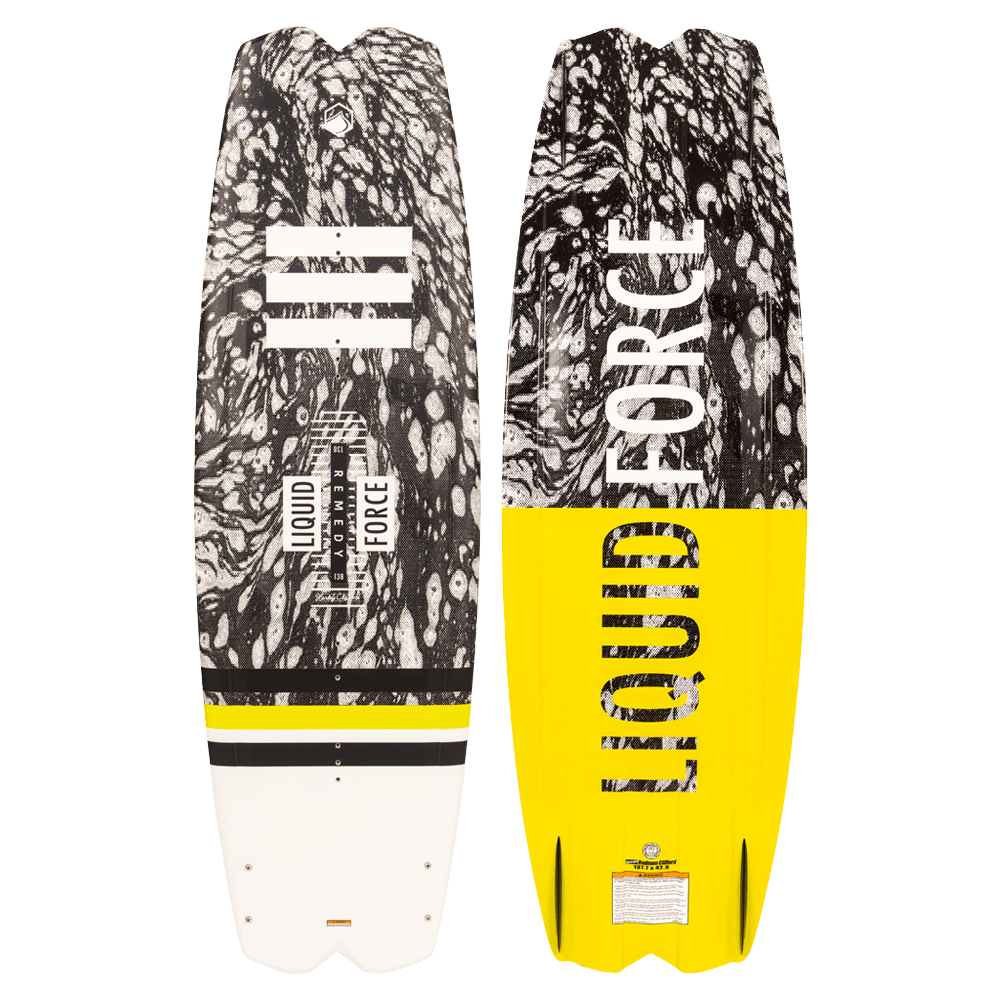 A Liquid Force 2022 Remedy wakeboard with a yellow and black design, designed for optimal edge control and speed.