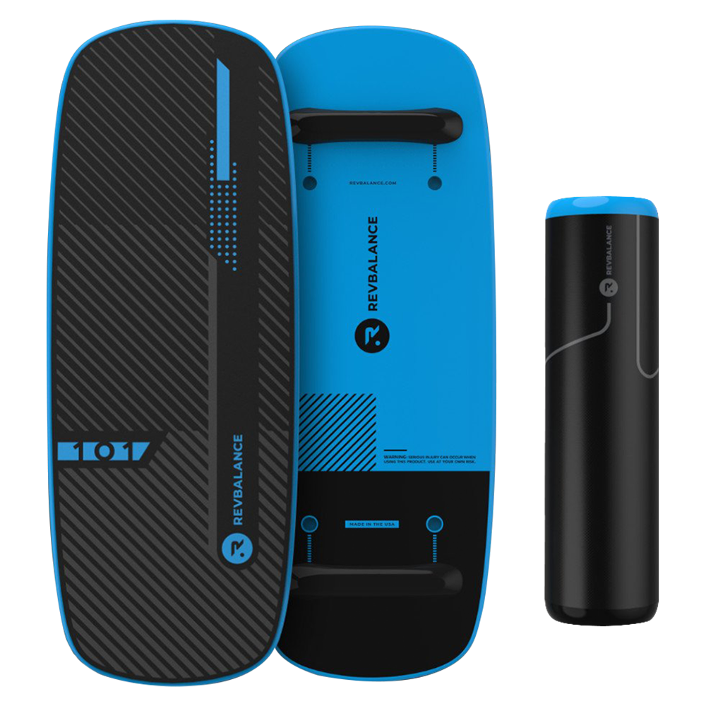 A Revolution 101 v2 Balance Board, designed as a workout and balance trainer, with a black handle.