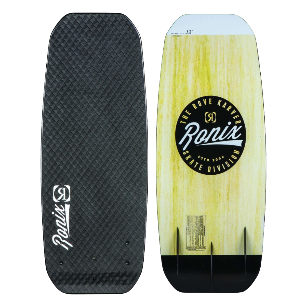 A Ronix wakeboard with a black and white logo featuring stability and a 3-fin design.