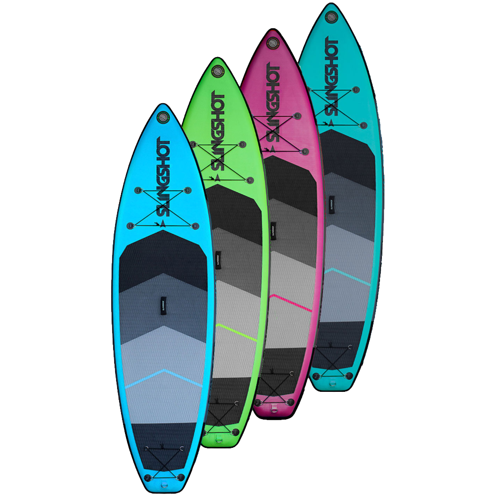 Four Slingshot 2022 Crossbreed 11' Airtech Package SUPs in different colors, offering crossbreed SUP performance and a hardboard-like shape.