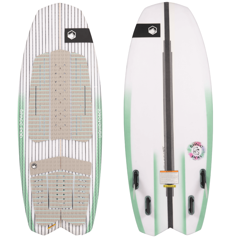 The Liquid Force 2022 Space Pod Wakesurf Board features a vibrant green and white design.