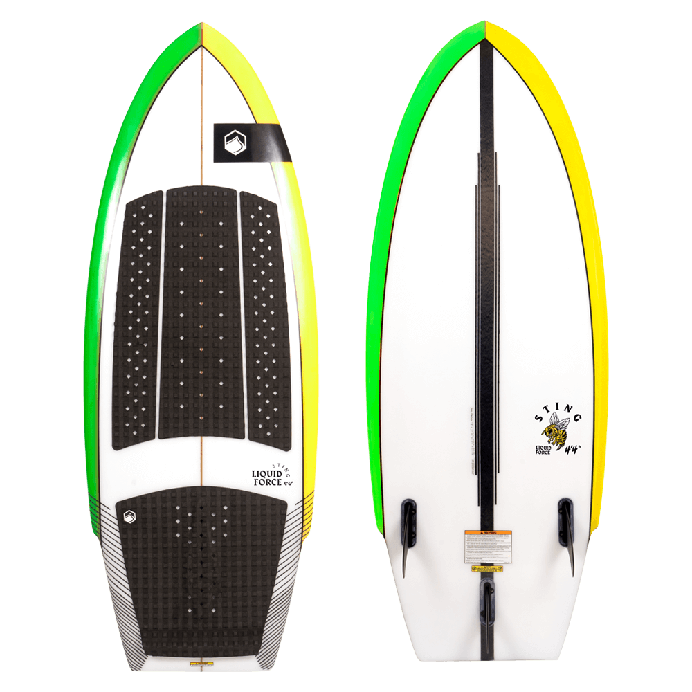 A Liquid Force 2022 Sting Wakesurf Board with a green and yellow design featuring a concave hull board and tri-fin set up.