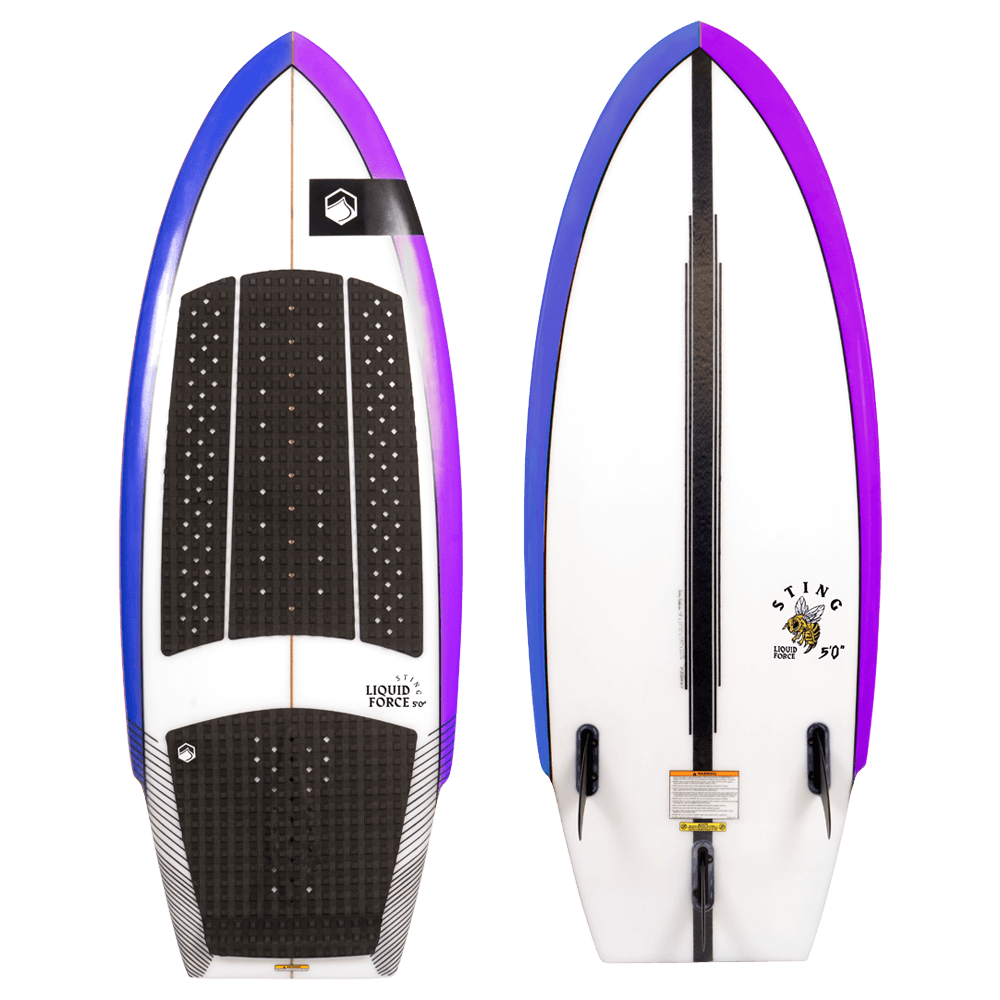 A Liquid Force 2022 Sting Wakesurf Board with a purple and white design, featuring a concave hull board for enhanced maneuverability and a tri-fin set up to optimize stability.