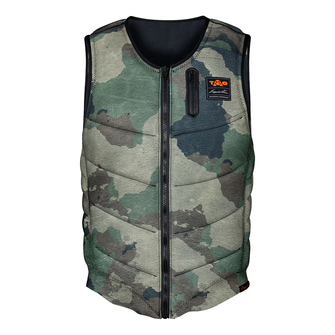 A Liquid Force 2024 Squad Tao Heritage Comp Vest - Camo on a performance fit black background.