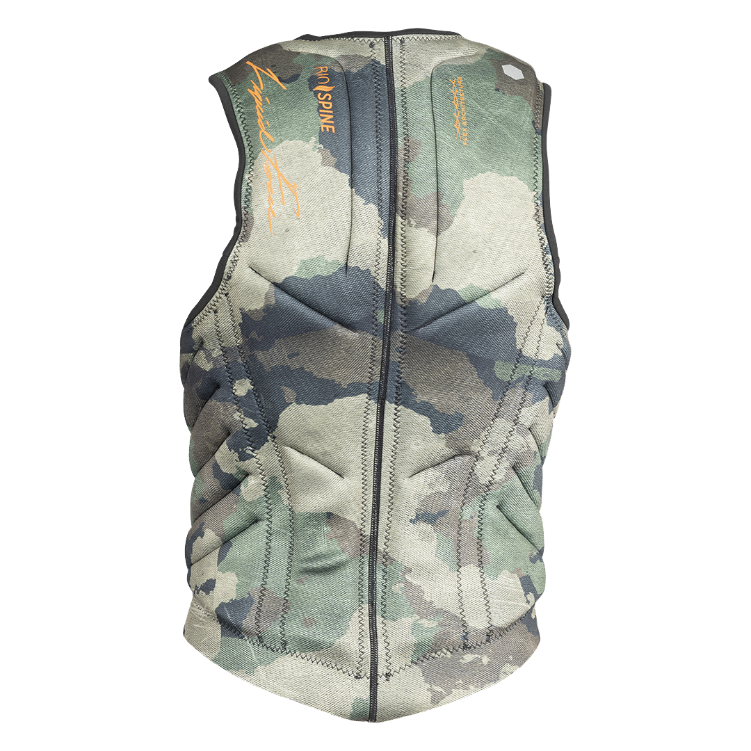 The Liquid Force 2024 Squad Tao Heritage Comp Vest - Camo features a performance fit for the Daniel Grant signature jacket, with a women's camouflage vest design on the back.