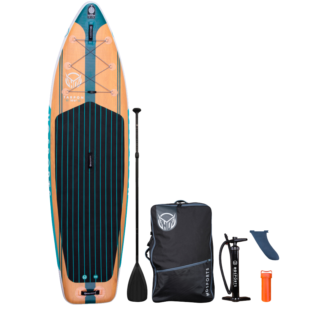 An HO 2022 Tarpon iSUP Paddleboard from HO Sports with a paddle and accessories.