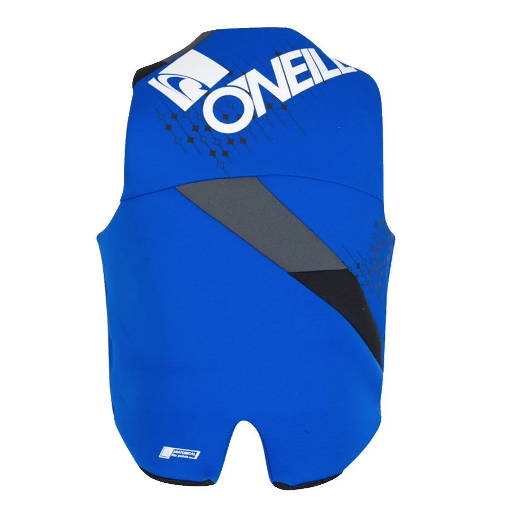 A high quality O'Neill blue vest with the word ovell on it, made specifically for kids.