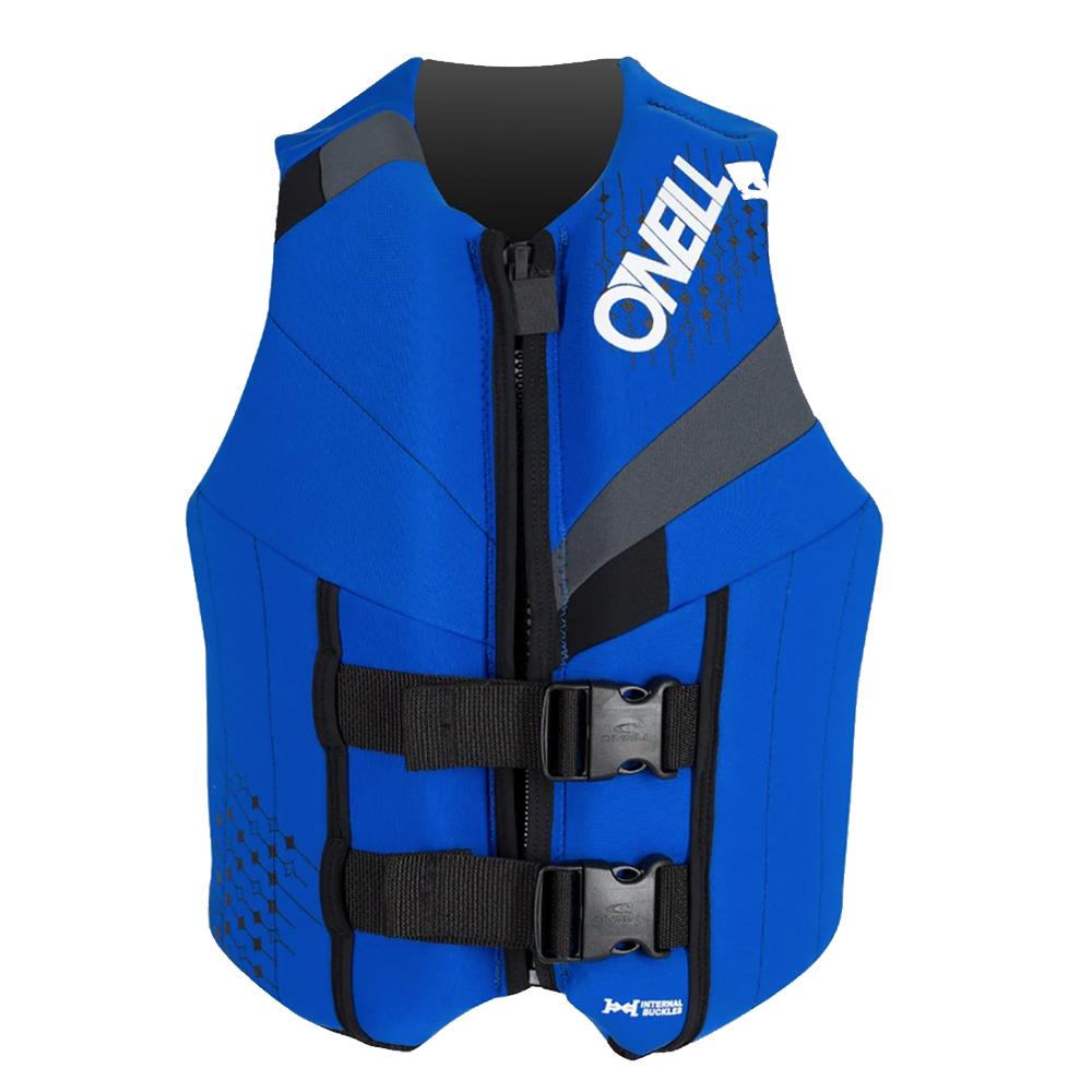 A high quality O'Neill blue and black life jacket with the word orel on it, O'Neill Teen Reactor USCG Life Vest (75-125 LBS) approved for kids safe.