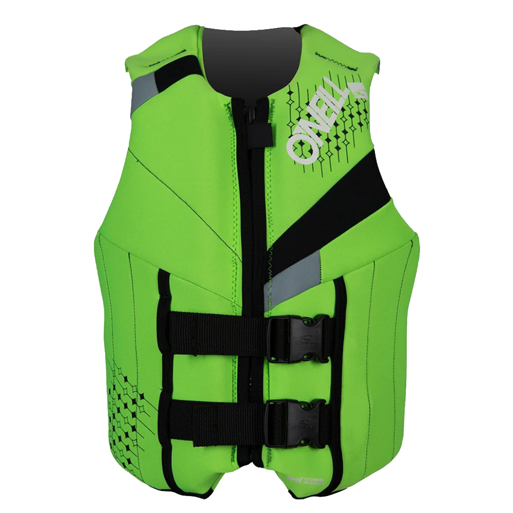 A high-quality, O'Neill Teen Reactor USCG Life Vest (75-125 LBS) in green and black.