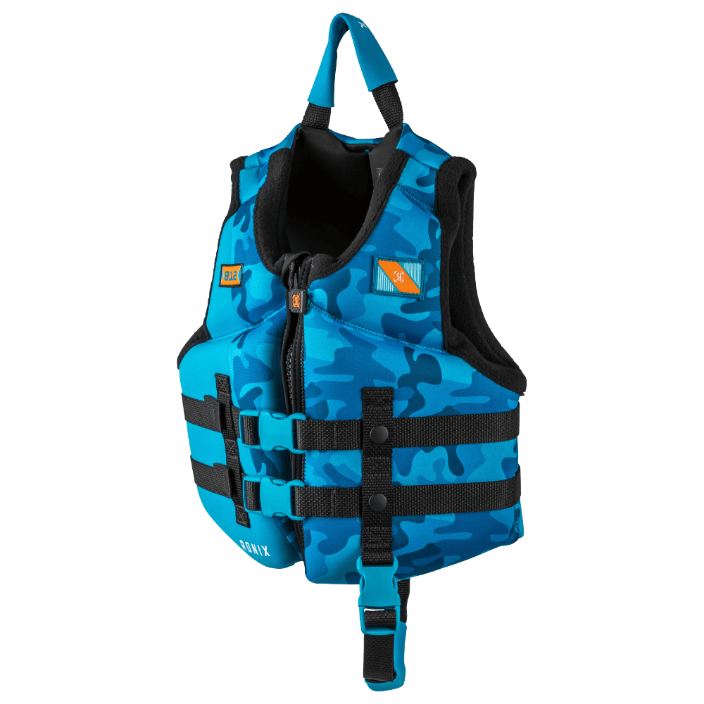 A Ronix Top Grom Child CGA Vest (30-50 LBS) with a camouflage pattern that helps float in water.