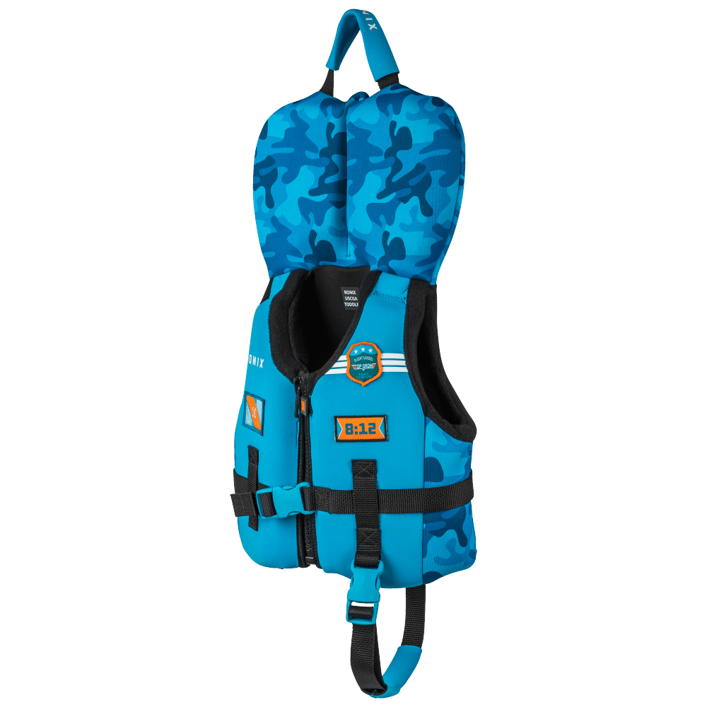 A blue Ronix Top Grom Toddler CGA Vest (0-30 LBS) with a camouflage pattern that can float.