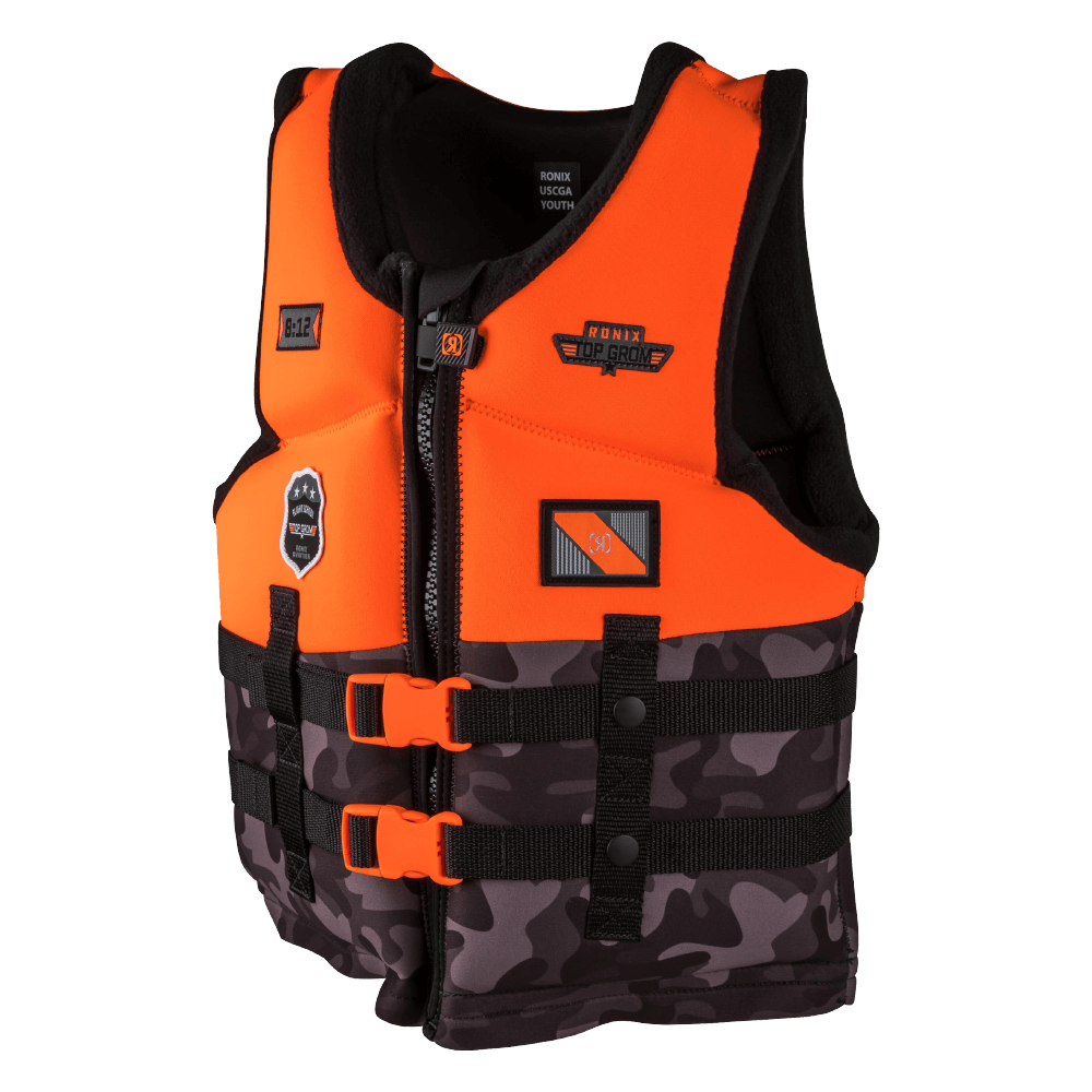 A Ronix neoprene life jacket with an orange and black camouflage pattern.