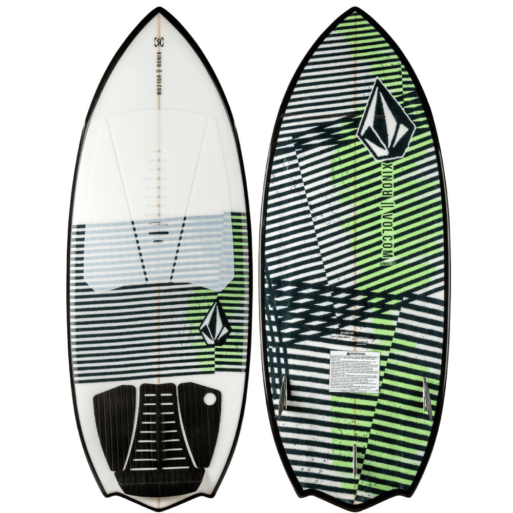 A Ronix white and green wakeboard with a green stripe designed for surfer riders.