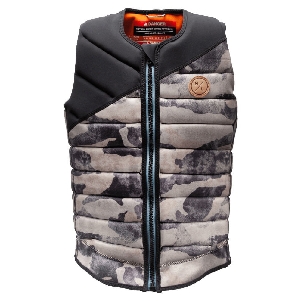 A Hyperlite men's vest with a camouflage pattern, perfect for wakeboarding and providing impact protection.