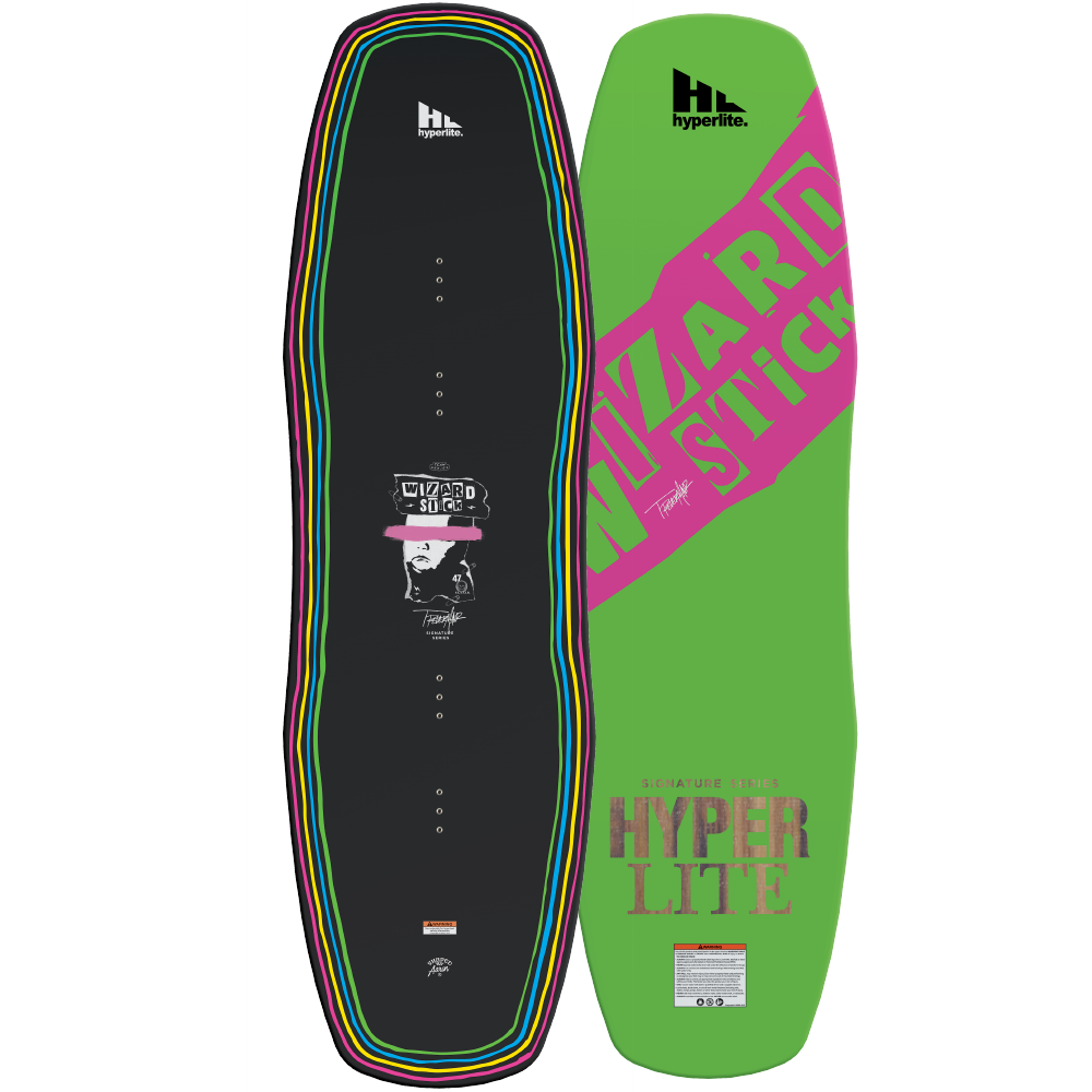 A green and pink Hyperlite 2022 Wizardstick Wakeboard with the words hyper life on it, ridden by wakepark rider Trever Maur.