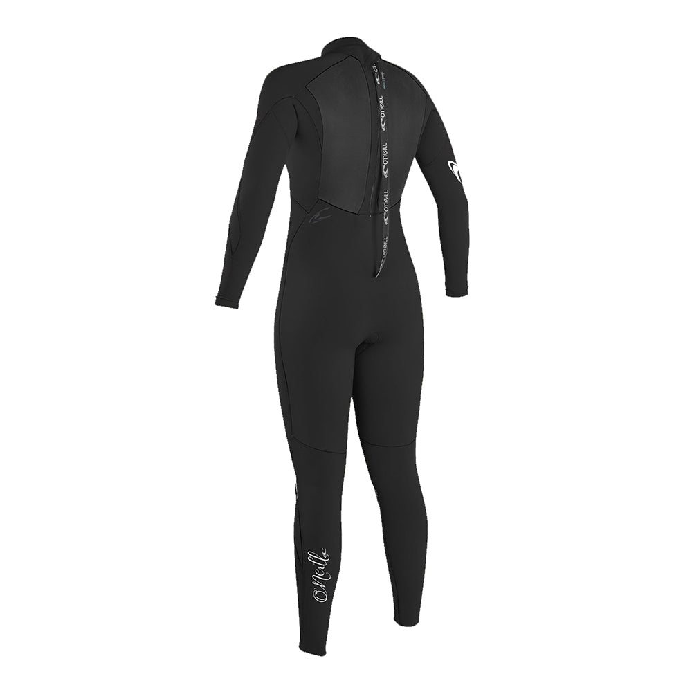 An O'Neill Women's Epic 4/3 Full Wetsuit made with UltraFlex neoprene, featuring a double seal neck closure, on a white background.