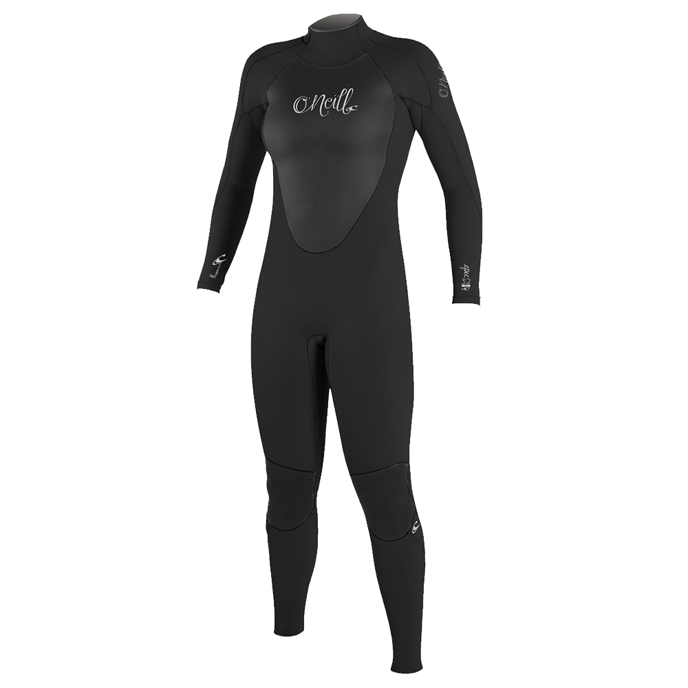 A sleek black O'Neill wetsuit featuring an Epic logo, crafted with UltraFlex neoprene for maximum flexibility and durability, enhanced with a double seal neck closure.