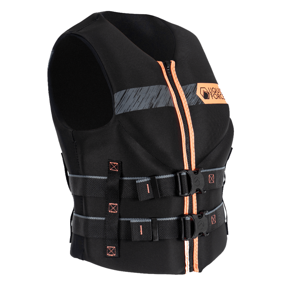 A women's Liquid Force Women's Hinge Classic CGA Vest - Black/Coral life jacket with orange and black accents.