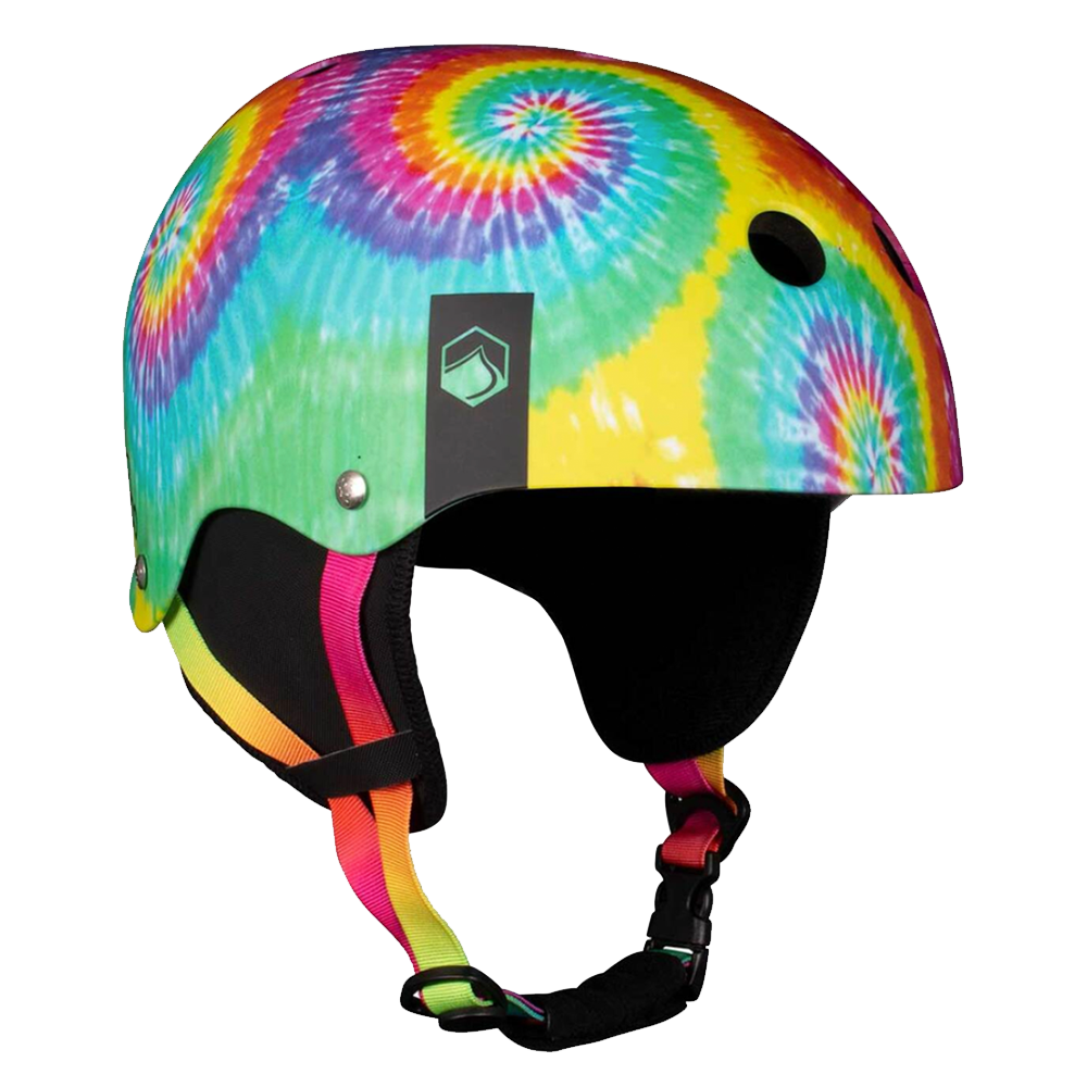A Liquid Force Flash helmet with a colorful tie dye design, complete with a comfortable Sweat Saver liner, set against a vibrant yellow background.